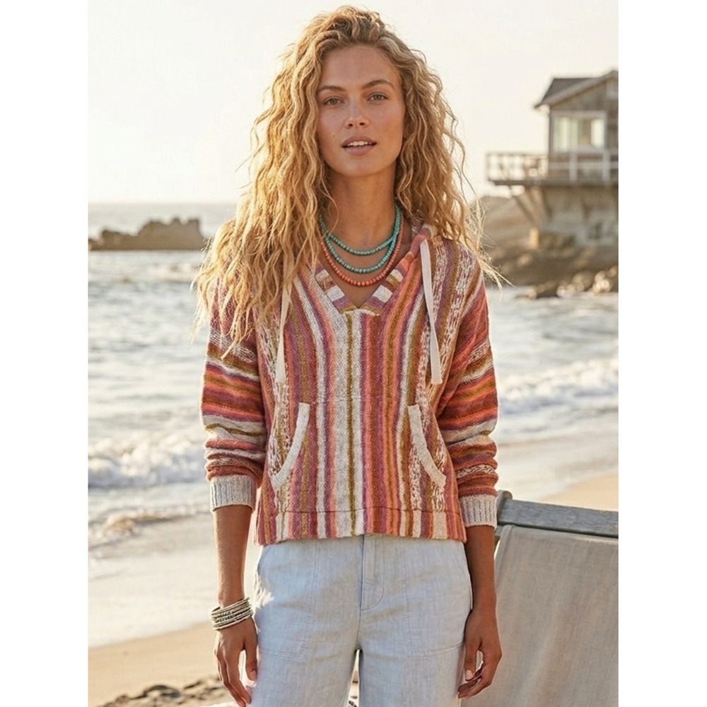 Lucky Brand Multi-Color Striped Knit Baja Hoodie Sweater Size L Coastal Boho